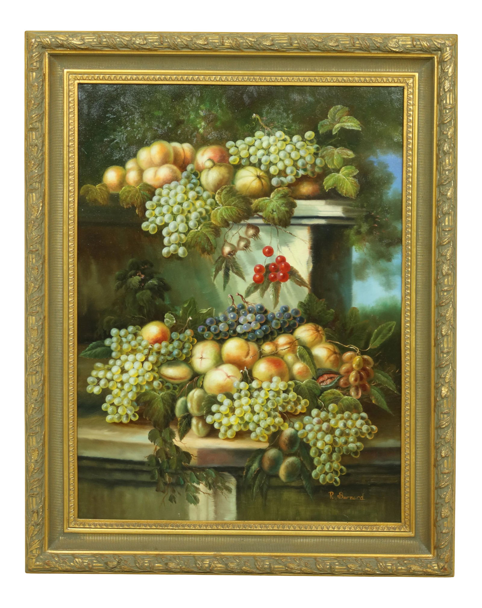 R. Bernard Large Framed Still Life Oil Painting Grapes 39 x 49: R. Bernard Large Framed Still Life Oil Painting Grapes 39 x 49 This exquisite large framed still life oil painting features a vibrant grapes and fruit scene, showcasing the artist's skill in capturing