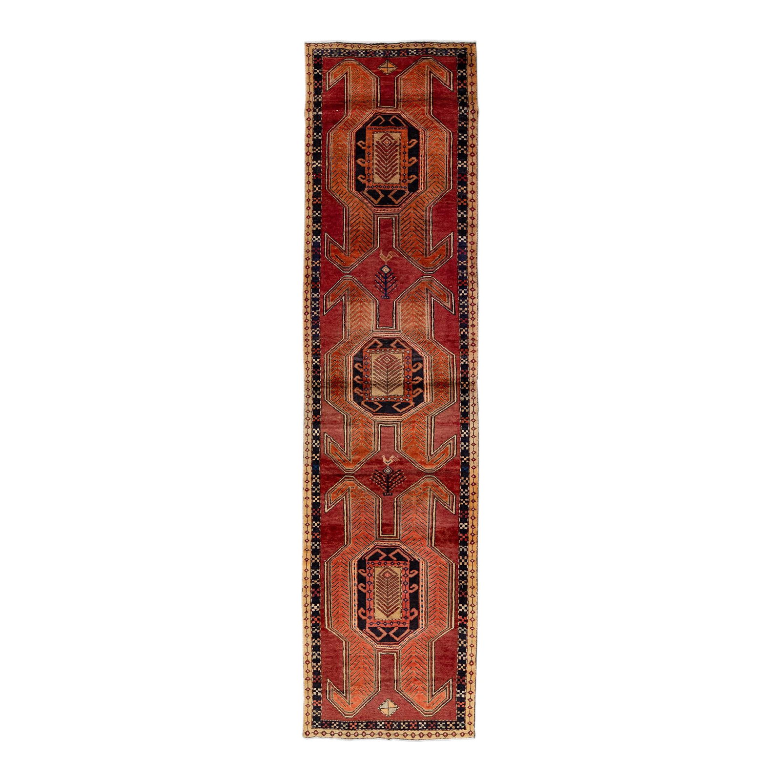 Vintage Handmade Persian Geometric Wool Runner Rug 3'0" x 11'01": Vintage Handmade Persian Geometric Wool Runner Rug 3'0" x 11'01" Discover the beauty of this vintage handmade North West Persian wool runner rug, featuring a vibrant red field adorned with a stunning