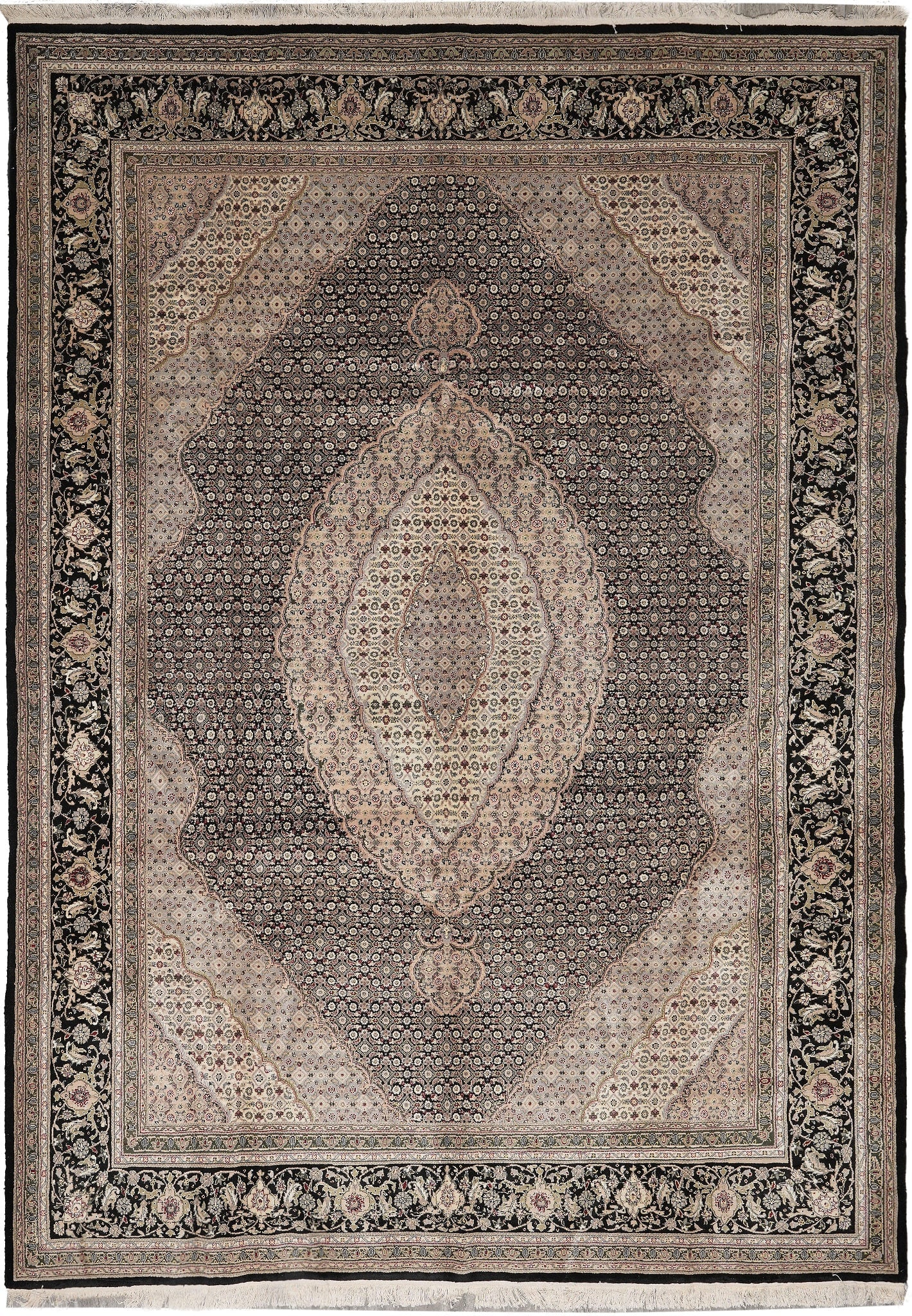 Tabriz Handmade Persian Rug 9 x 12 Wool Silk Mahi Pattern Black: Tabriz Handmade Persian Rug 9 x 12 Wool Silk Mahi Pattern Black Free continental US Shipping This 9 x 12 handmade area carpet is crafted from a luxurious blend of high-quality wool and silk, featuring