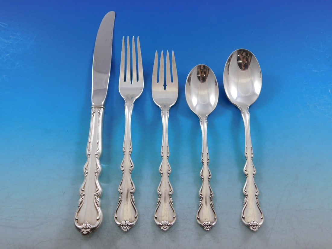 Angelique Sterling Silver Flatware Set for 12 by International Silver 69 pcs: Angelique Sterling Silver Flatware Set for 12 by International Silver 69 pcs Elevate your dining experience with the Angelique by International Sterling Silver Flatware Set, designed for 12 and compri