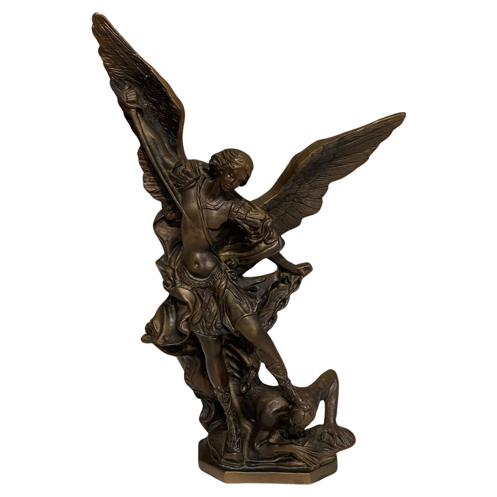 Mid-20th Century Bronze Sculpture Archangel Michael by A. Saulon: Mid-20th Century Bronze Sculpture Archangel Michael by A. Saulon This stunning bronze sculpture captures the Archangel Michael in a powerful pose as he battles the devil, reflecting the eternal strugg