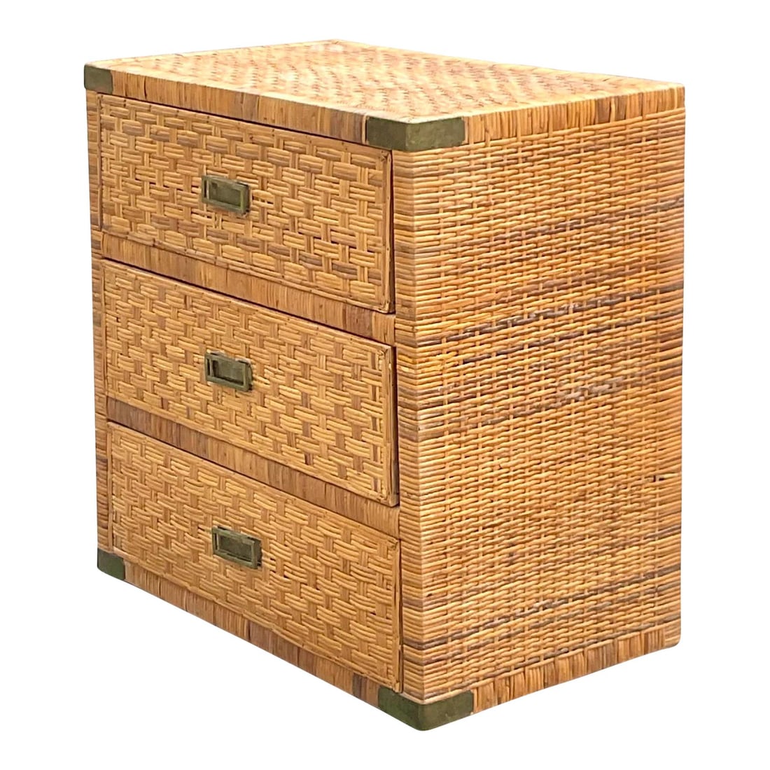 Vintage Coastal Rattan Chest of Drawers with Brass Hardware: Vintage Coastal Rattan Chest of Drawers with Brass Hardware This vintage coastal chest of drawers features a stylish wrapped rattan frame complemented by inset woven rattan panels. The elegant brass c