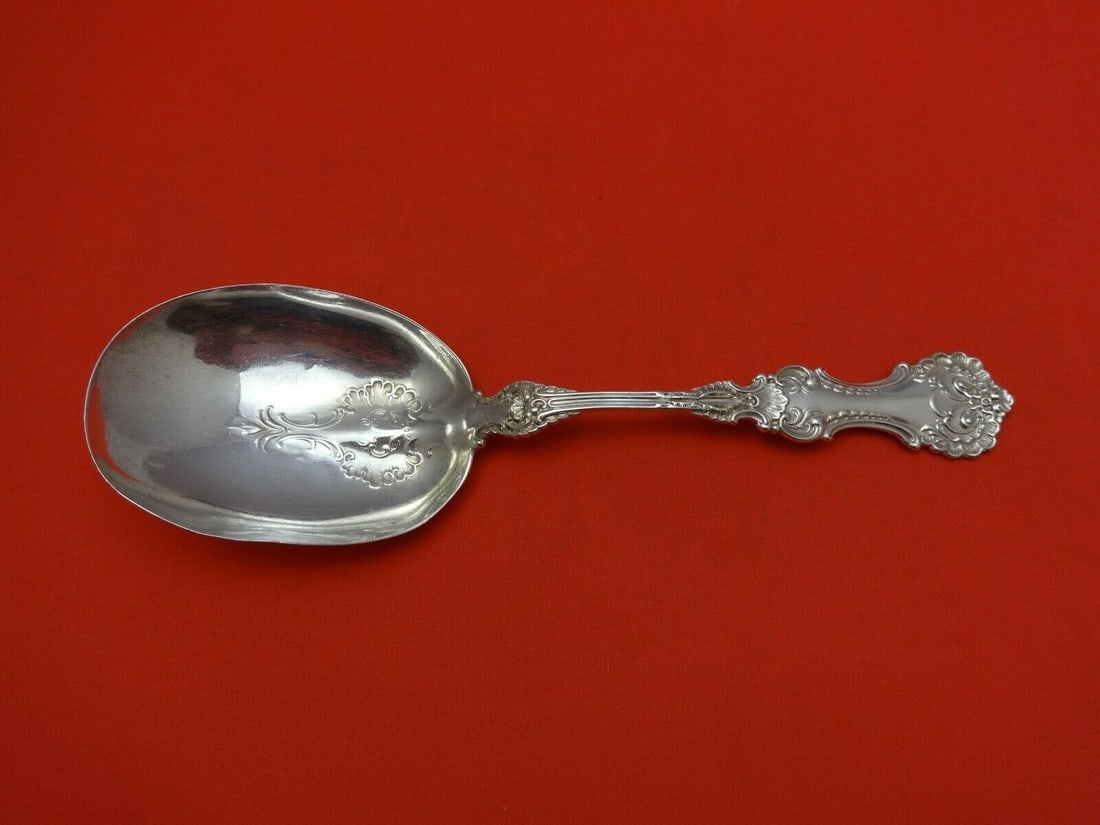 Whiting Pompadour Sterling Silver Berry Spoon 7 5/8 inch Serving: Whiting Pompadour Sterling Silver Berry Spoon 7 5/8 inch Serving This exquisite Pompadour serving spoon, crafted by Whiting, showcases the elegance of the 1850-1899 era. Made from high-quality sterlin