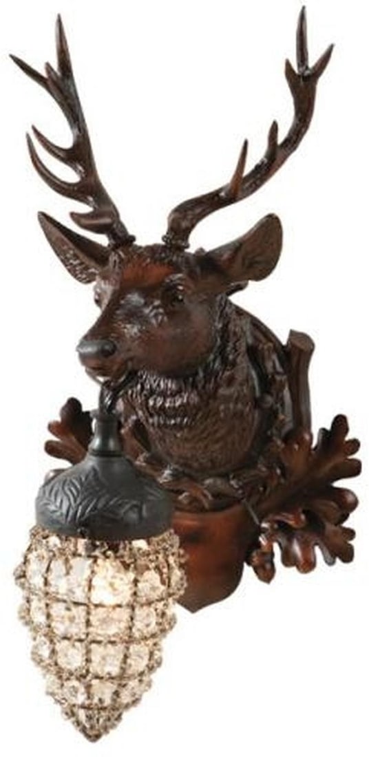 Lodge Style Hand-Painted Resin Stag Globe Wall Sconce: Lodge Style Hand-Painted Resin Stag Globe Wall Sconce Illuminate your space with this exquisite Hand-Painted Resin Stag Globe Sconce, meticulously crafted to order. The sconce features a regal stag de