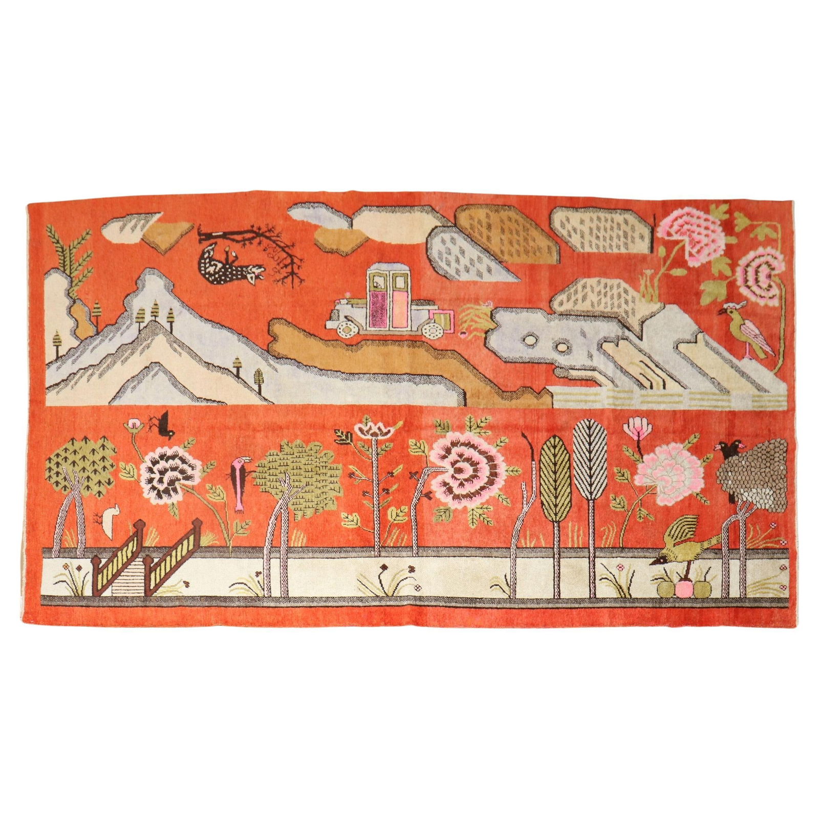 Bohemian Pictographic Khotan Rug Early 20th Century Wool Hand-Woven: Bohemian Pictographic Khotan Rug Early 20th Century Wool Hand-Woven Discover the beauty of this Early 20th Century Pictographic Samarkand Rug, a stunning representation of East Turkestan craftsmanship