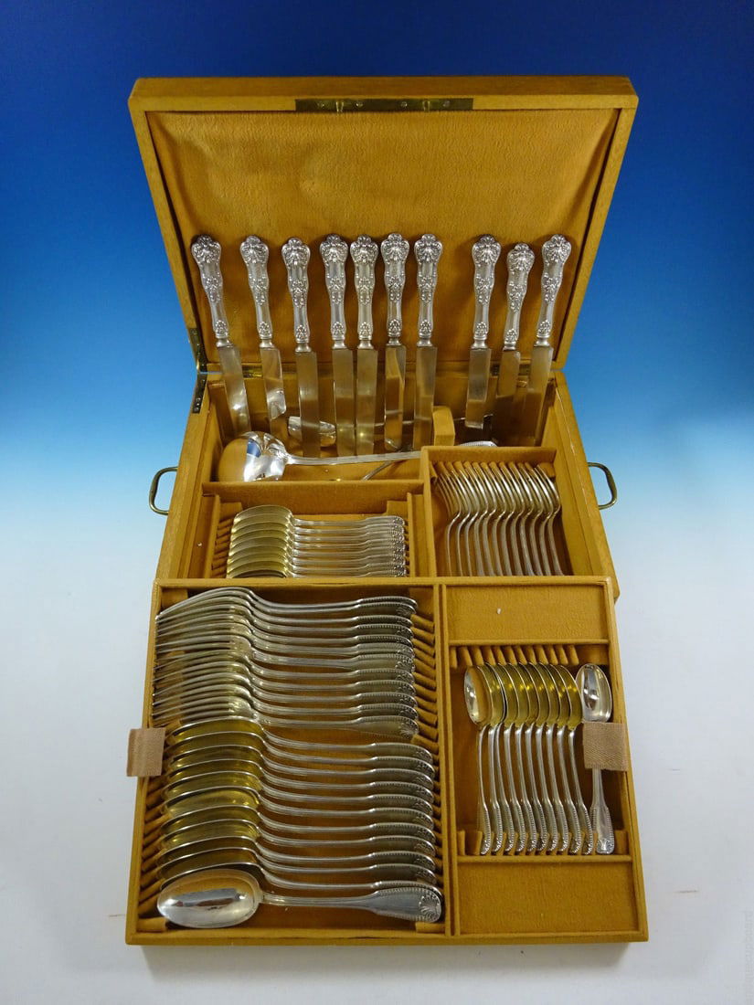 Campenhout Paris French Sterling Silver Kings Flatware Set 75 Pieces Fitted Box: Campenhout Paris French Sterling Silver Kings Flatware Set 75 Pieces Fitted Box This exceptional French sterling silver flatware service by Campenhout Paris features 75 pieces in the Kings style. The