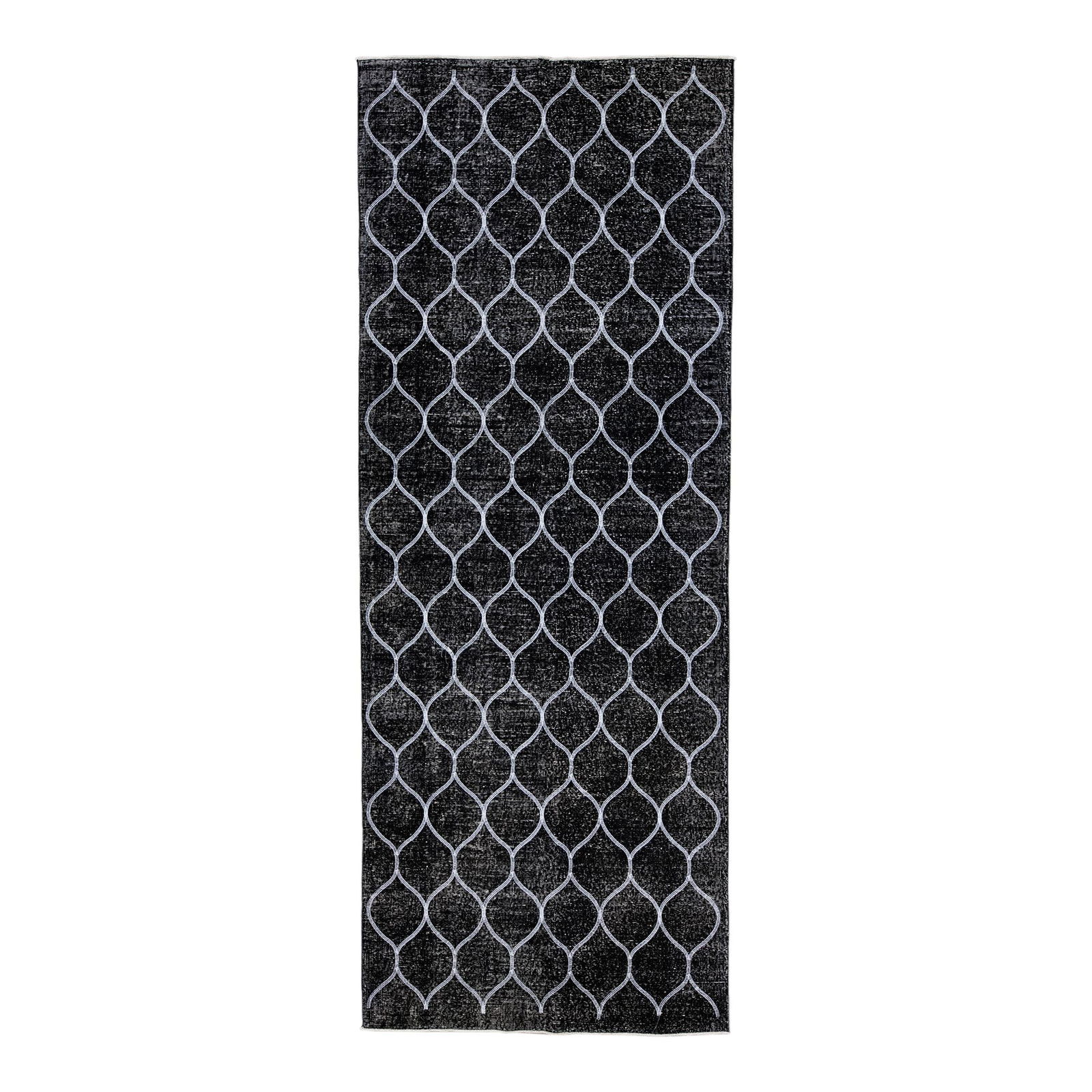 Turkish Handmade Wool Rug Black Trellis Design 4'11 x 12'10: Turkish Handmade Wool Rug Black Trellis Design 4'11 x 12'10 Enhance your living space with this exquisite Turkish handmade wool rug, featuring a striking black distressed field complemented by white a