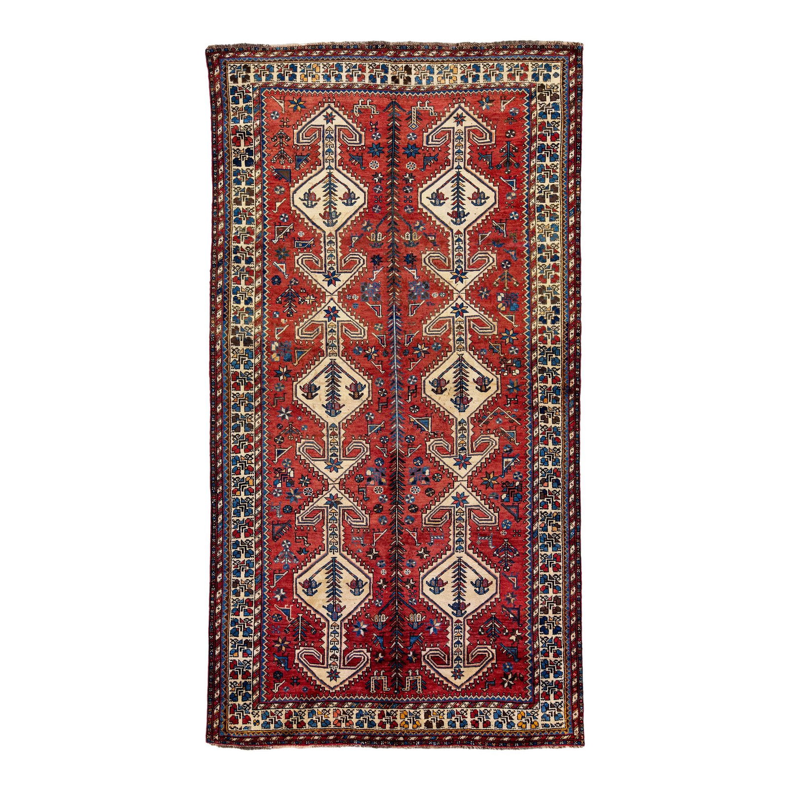Vintage Handmade Isfahan Red Geometric Wool Rug 5'6 x 10'5: Vintage Handmade Isfahan Red Geometric Wool Rug 5'6 x 10'5 Enhance your space with this exquisite Vintage Isfahan hand-knotted wool rug featuring a vibrant red field and intricate multicolor geometric