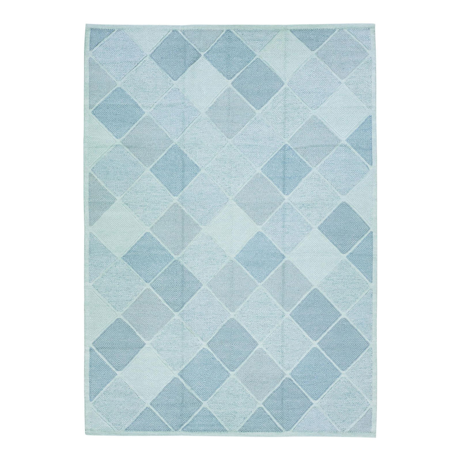 Turquoise Geometric Modern Handmade Wool Rug 10' x 14'2': Turquoise Geometric Modern Handmade Wool Rug 10' x 14'2' Enhance your living space with this stunning modern handmade Swedish-style wool rug, featuring a vibrant turquoise-blue field and an intricate