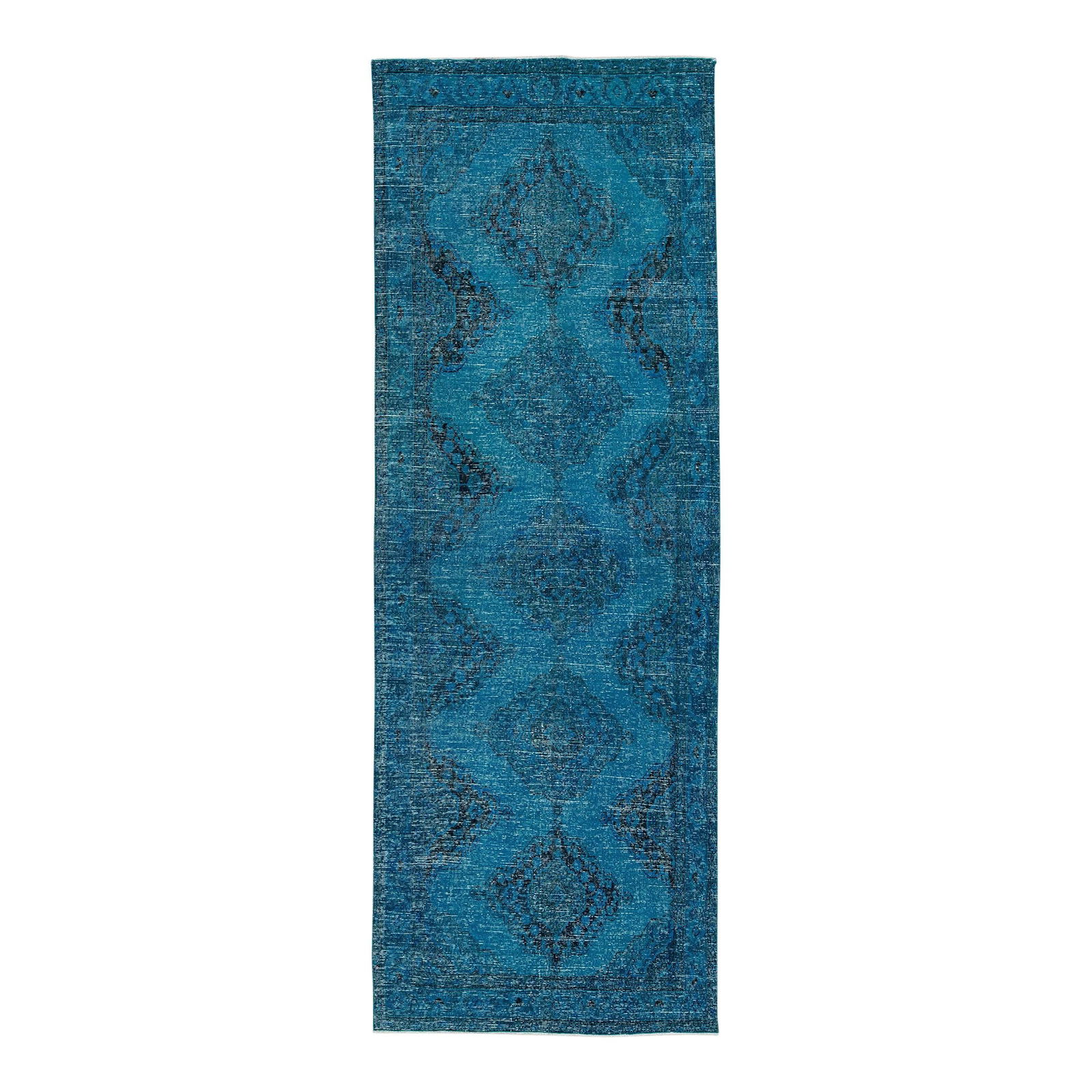Vintage Teal Wool Runner Rug with Tribal Design 4'9 x 12'8: Vintage Teal Wool Runner Rug with Tribal Design 4'9 x 12'8 Discover this exquisite vintage overdyed handmade wool runner, featuring a captivating blue teal field adorned with an all-over tribal design