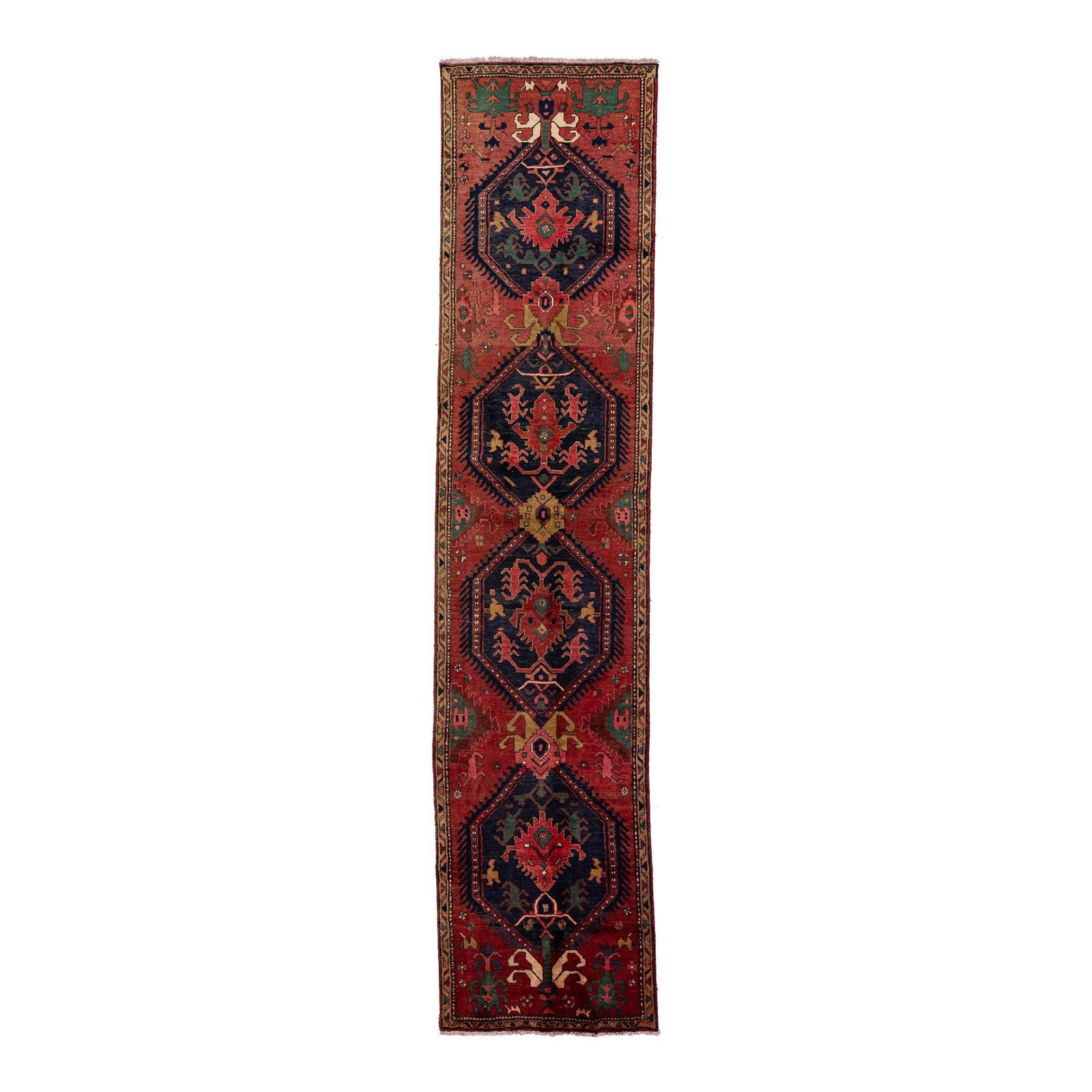 Handmade Red Vintage Heriz Wool Runner 2'10'' x 13' Tribal Design: Handmade Red Vintage Heriz Wool Runner 2'10'' x 13' Tribal Design Elevate your space with this exquisite handmade red vintage Heriz wool runner. Featuring a stunning navy blue and red field adorned wi