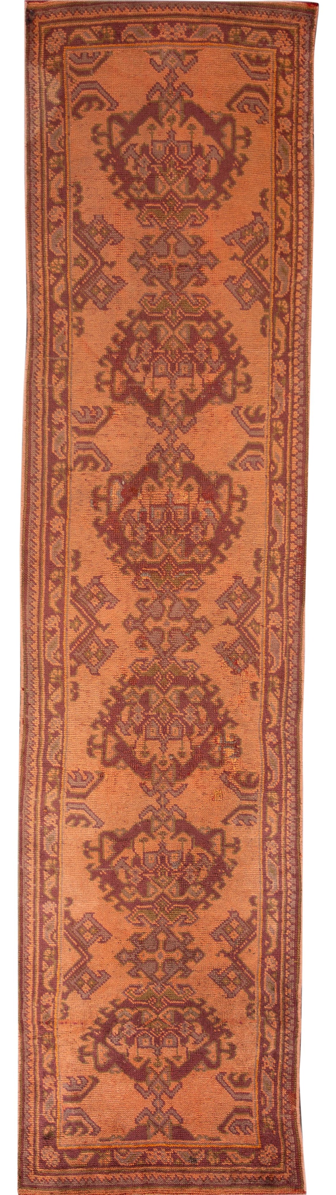 Mid-Century Handmade Turkish Oushak Wool Runner Orange 3' x 11'8: Mid-Century Handmade Turkish Oushak Wool Runner Orange 3' x 11'8 Enhance your space with this stunning Mid-20th Century Vintage Turkish Oushak handmade wool runner. Featuring a vibrant orange field ad