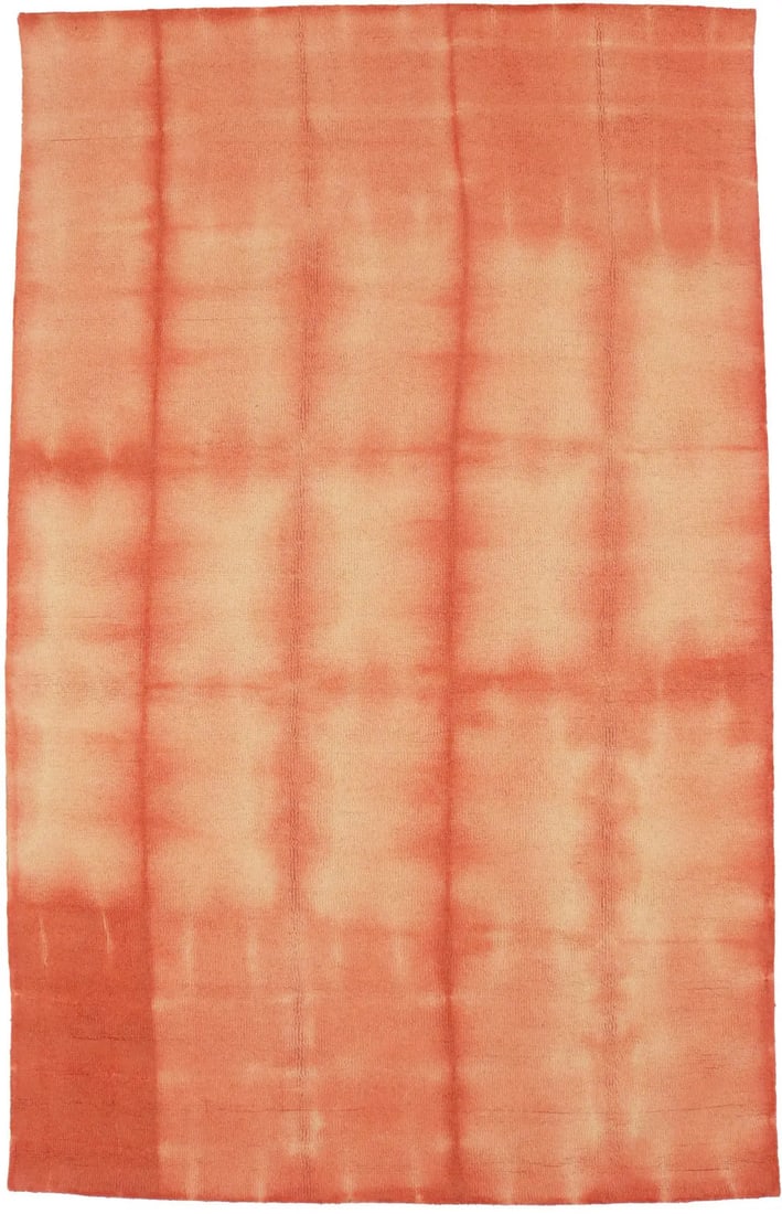 Hand-Tufted Coral Red Wool Area Rug 5x8 Modern Abstract Design: Hand-Tufted Coral Red Wool Area Rug 5x8 Modern Abstract Design This coral red hand-tufted area rug features a modern tie-dye abstract pattern, ideal for a girl's room or contemporary space. Crafted fr
