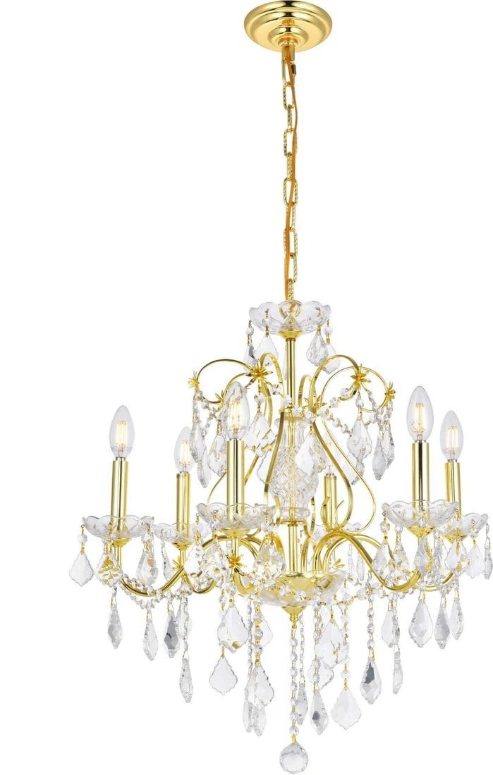 St. Francis 6 Light Gold Crystal Pendant Chandelier by: St. Francis 6 Light Gold Crystal Pendant Chandelier by Illuminate your space with the elegant St. Francis 6 Light Chandelier, featuring a stunning gold finish and beautiful clear glass combined with F