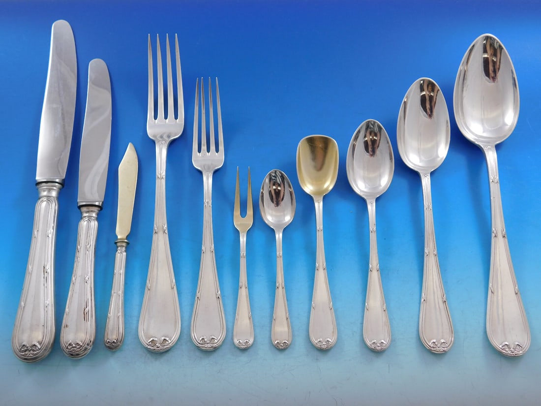 Jarosinski 800 Silver Flatware Set 211 Pieces with Bow Ribbon Austria: Jarosinski 800 Silver Flatware Set 211 Pieces with Bow Ribbon Austria This monumental Austrian flatware set by Jarosinski & Vaugoin features 211 pieces crafted from 800 silver with an elegant bow and