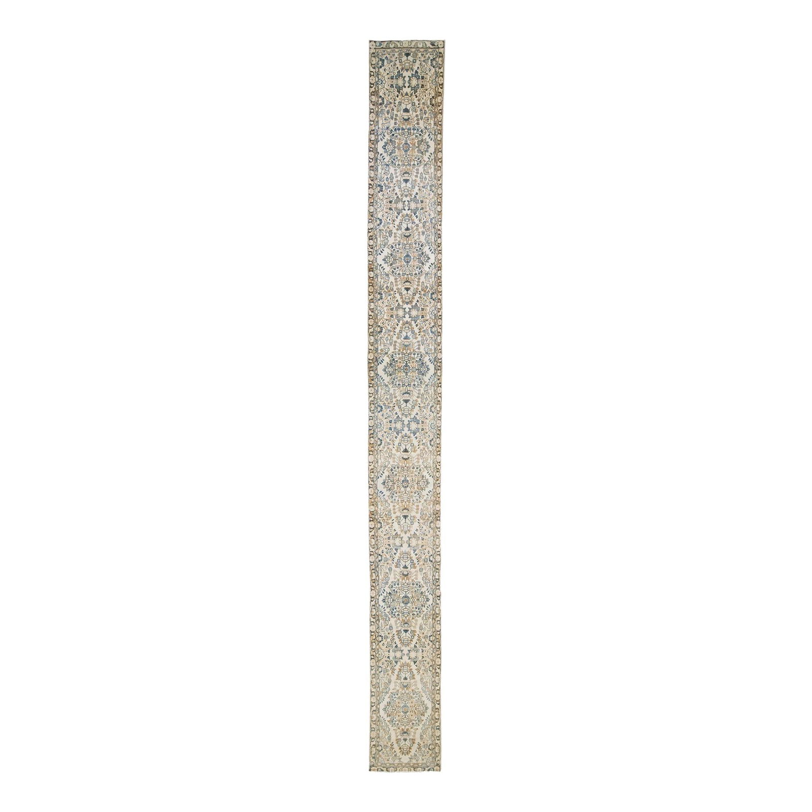 Antique Persian Heriz Floral Beige Wool Runner 2'4 x 23'4: Antique Persian Heriz Floral Beige Wool Runner 2'4 x 23'4 This exquisite antique Persian Heriz long wool runner showcases a stunning beige field complemented by a rich brown border and vibrant blue ac
