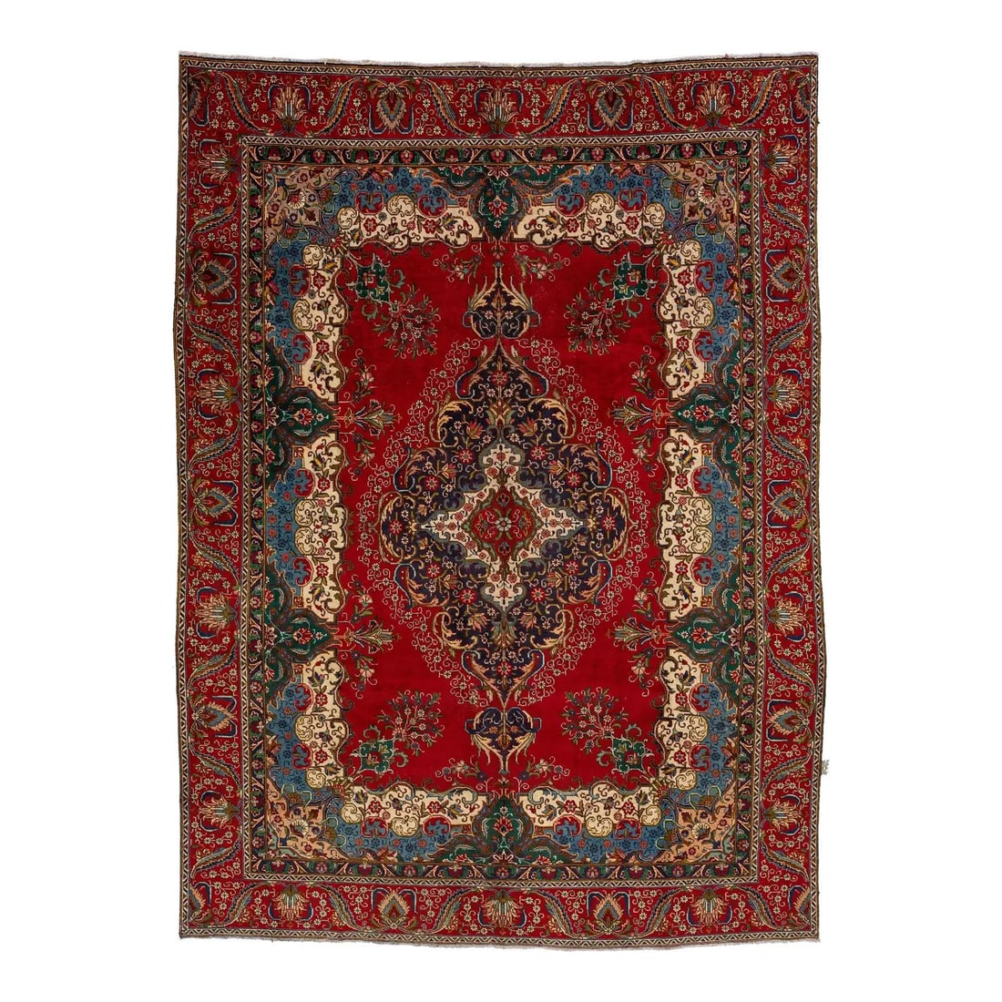 Vintage Persian Tabriz Wool Rug Red Rosette Design 8'10 x 12'1: Vintage Persian Tabriz Wool Rug Red Rosette Design 8'10 x 12'1 This vintage handmade Persian Tabriz wool rug showcases a striking red background beautifully enhanced by a vibrant rosette motif and mul