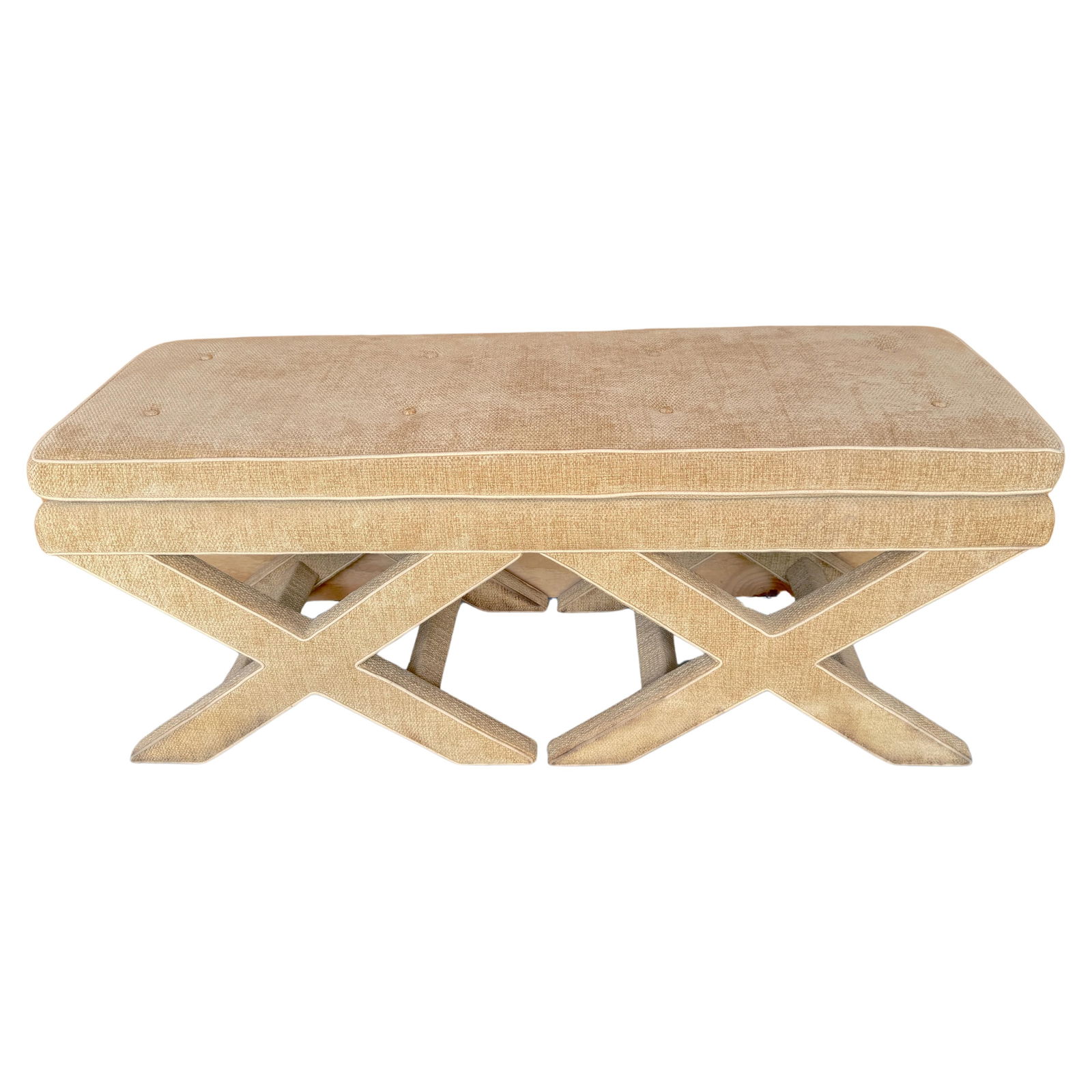 Billy Baldwin Inspired Large Double X Upholstered Bench Frame 1970s: Billy Baldwin Inspired Large Double X Upholstered Bench Frame 1970s This Large Double 'X' Upholstered Bench Frame, inspired by the iconic design of Billy Baldwin, is a striking piece that adds a touch