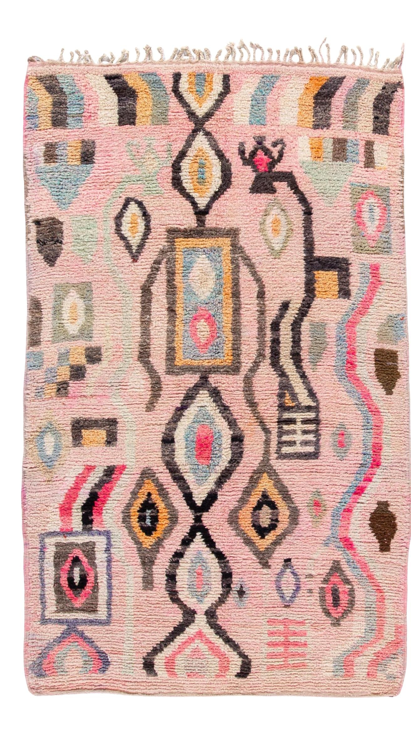 Vintage Azilal Moroccan Hand-Knotted Wool Rug in Rose: Vintage Azilal Moroccan Hand-Knotted Wool Rug in Rose Enhance your space with this exquisite Vintage Azilal Moroccan hand-knotted wool rug. Featuring a stunning rose field, this rug showcases an array