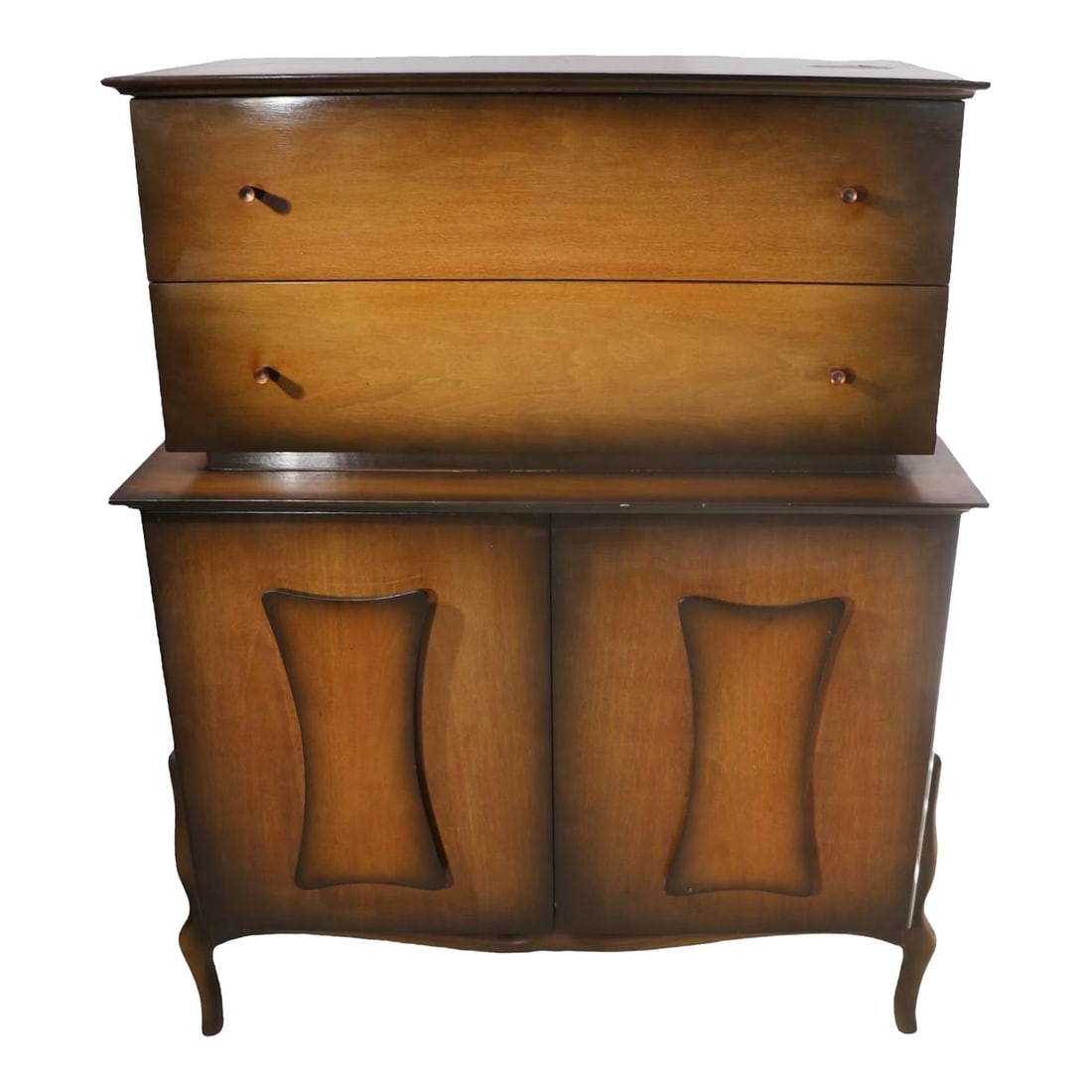 Stylish Mid Century High Boy Chest with Ample Storage: Stylish Mid Century High Boy Chest with Ample Storage This Mid Century high boy chest showcases a unique and stylized design, featuring a lower section with two doors that reveal interior drawers, com