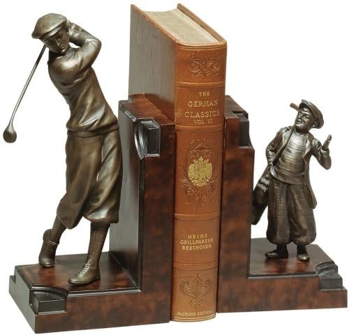 Rustic Hand-Cast Resin Golfer Bookends Set Lodge Style: Rustic Hand-Cast Resin Golfer Bookends Set Lodge Style Enhance your decor with this charming set of hand-cast resin golfer bookends. Perfectly designed to bring a touch of the golfing world into your