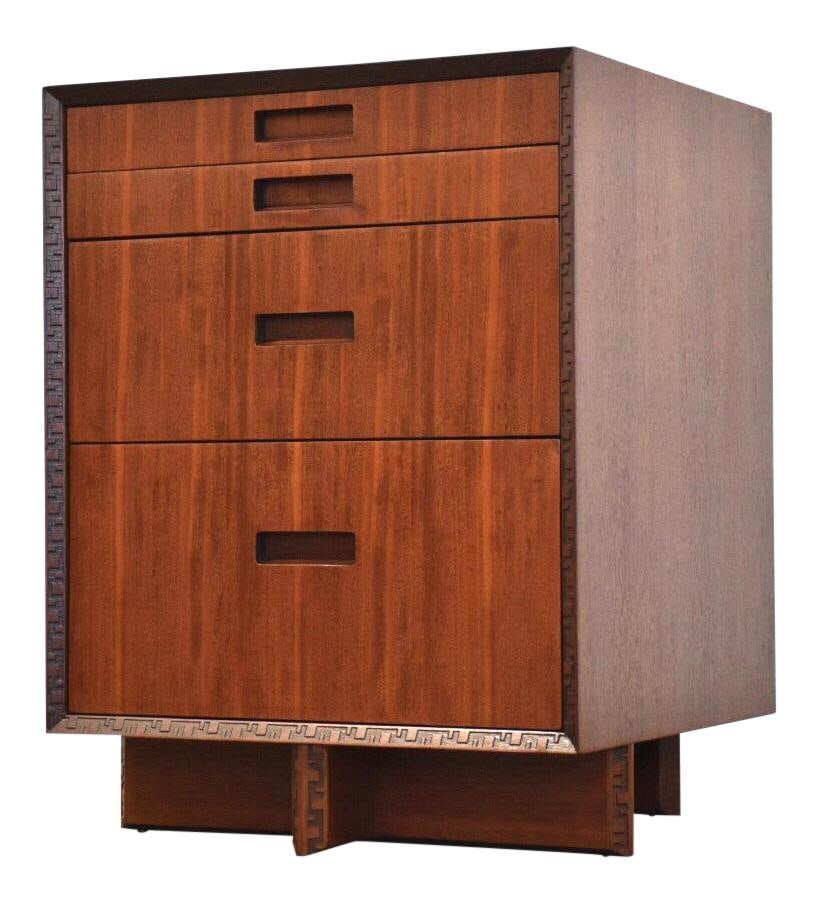 Rare 1950s Frank Lloyd Wright Taliesin Mahogany Nightstand: Rare 1950s Frank Lloyd Wright Taliesin Mahogany Nightstand This exceptionally rare 1950s Taliesin nightstand, designed by the renowned architect Frank Lloyd Wright for Heritage Henredon Furniture, fea