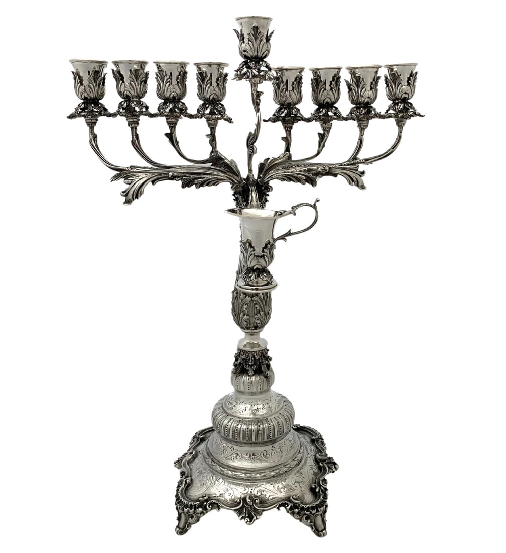 Ornate 925 Sterling Silver Handmade Leaf Menorah 20 Inches: Ornate 925 Sterling Silver Handmade Leaf Menorah 20 Inches This exquisite Fine Italian 925 Sterling Silver Menorah is designed for Chanukah celebrations. It showcases stunning handmade ornate chased l