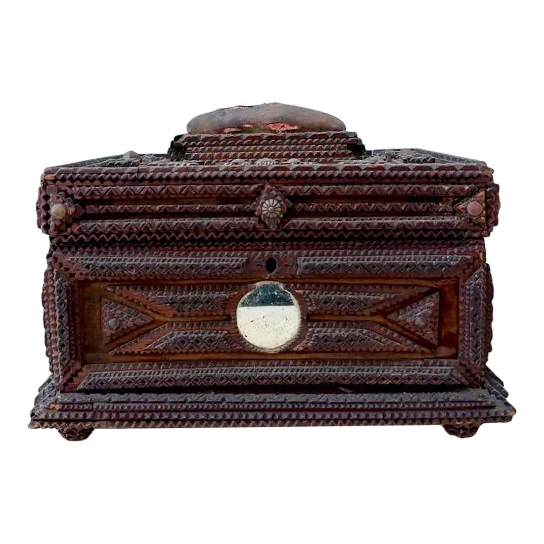 Unique Vintage Tramp Art Box with Mirror and Personal Details: Unique Vintage Tramp Art Box with Mirror and Personal Details Discover a unique piece of vintage folk art with this Tramp art box, expertly crafted from reclaimed cigar box wood. The box showcases han