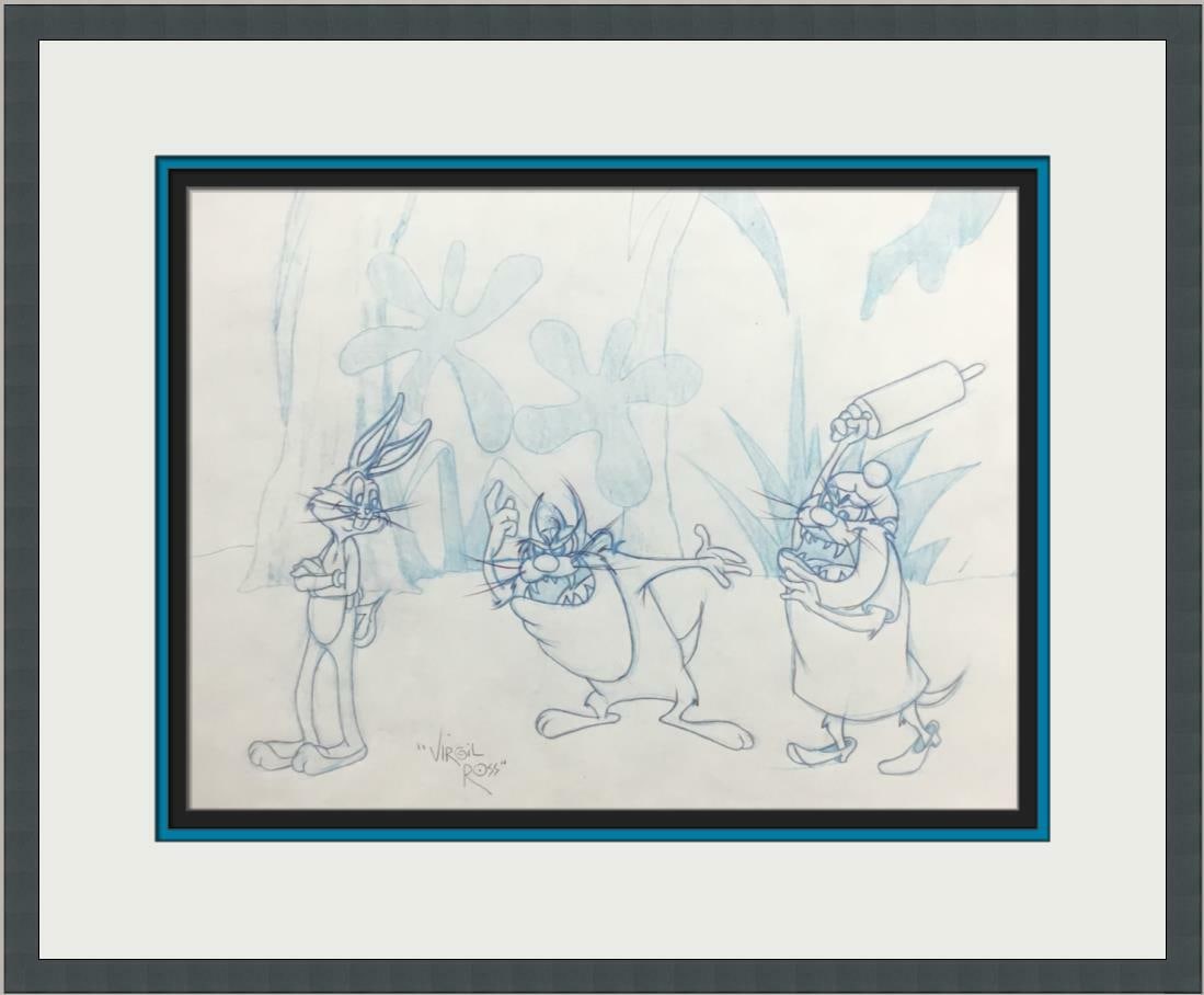 Virgil Ross Signed Bugs Bunny Taz She Devil Concept Drawing 1990s: Virgil Ross Signed Bugs Bunny Taz She Devil Concept Drawing 1990s This original concept production drawing features iconic characters Bugs Bunny and Tazmanian Devil She Devil, beautifully illustrated