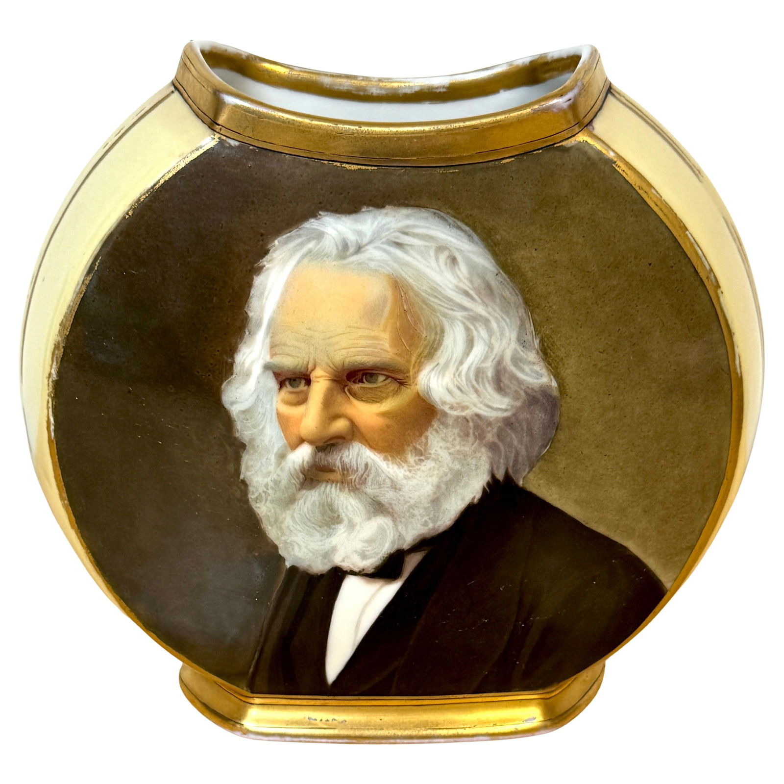 Rare 19th Century Old Paris Porcelain Vase of Longfellow with Gilt Inscription: Rare 19th Century Old Paris Porcelain Vase of Longfellow with Gilt Inscription This exquisite Old Paris Porcelain vase, crafted in the late 19th century, features a striking portrait of the American p