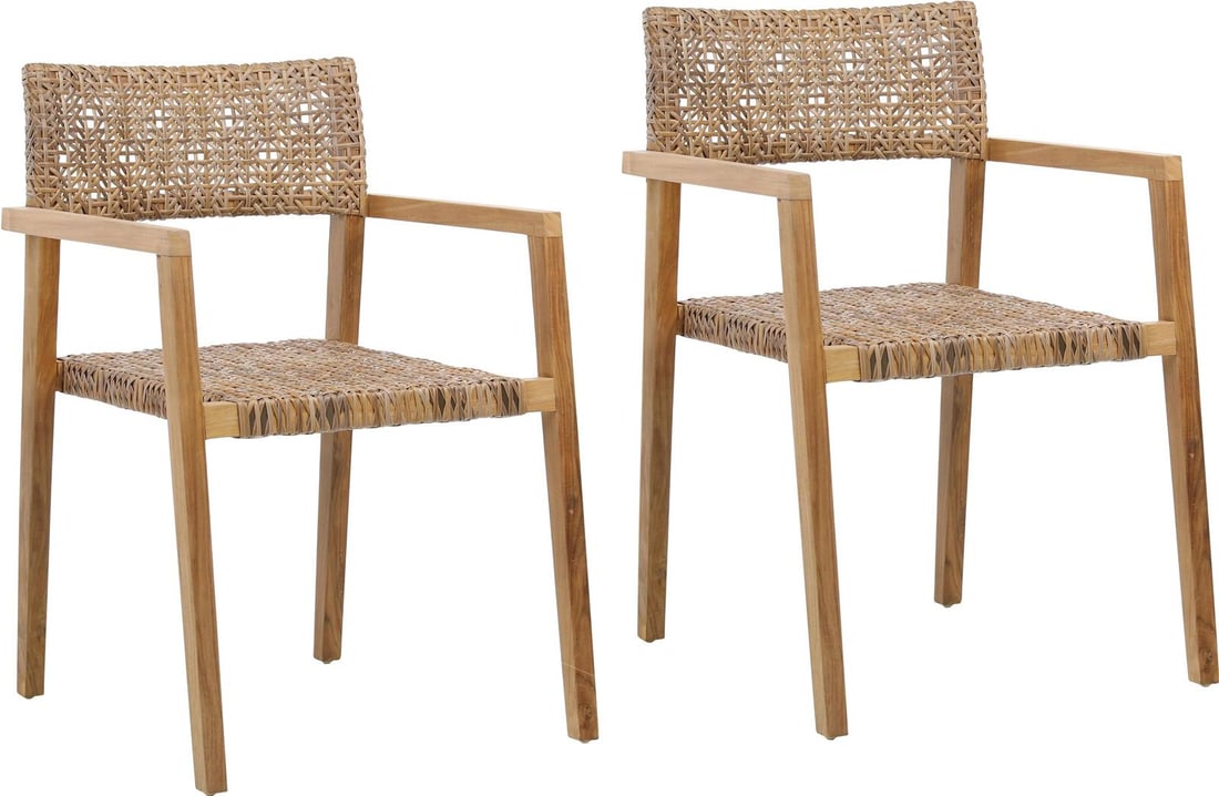 Set of 2 Elegant Deeta Outdoor Dining Chairs in Natural Brown: Set of 2 Elegant Deeta Outdoor Dining Chairs in Natural Brown Enhance your outdoor dining experience with the Elegant Deeta Dining Chairs. These stylish chairs are crafted from synthetic rattan with a