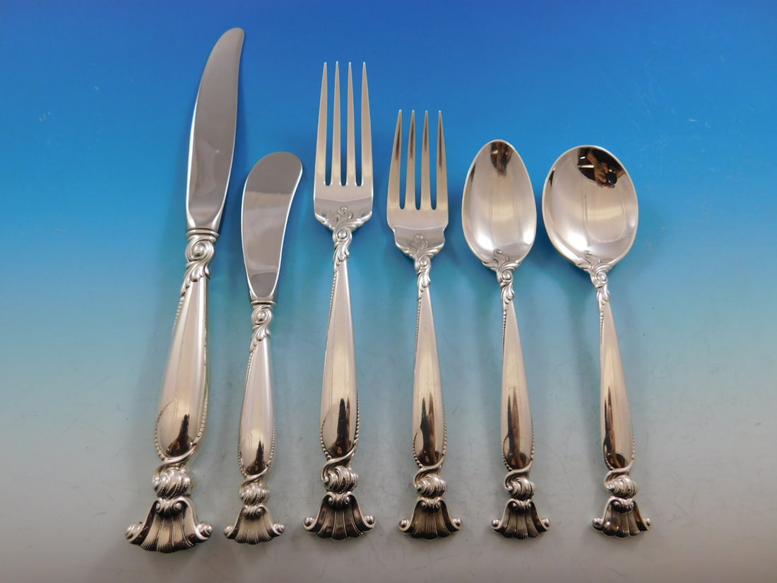 Wallace Romance of the Sea Sterling Silver Flatware Set 72 pcs for 12: Wallace Romance of the Sea Sterling Silver Flatware Set 72 pcs for 12 Elevate your dining experience with the Wallace Sterling Silver Flatware Set, featuring the intricate Romance of the Sea pattern.