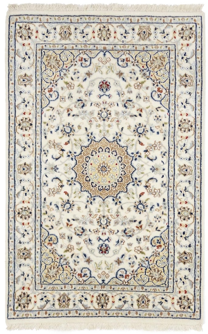 Hand-Knotted Cream Floral 2'8 x 4'1 Indo-Nain Oriental Rug: Hand-Knotted Cream Floral 2'8 x 4'1 Indo-Nain Oriental Rug Enhance your space with this exquisite 2'8" x 4'1" cream floral Indo-Nain oriental rug, a perfect blend of modern design and traditional craf