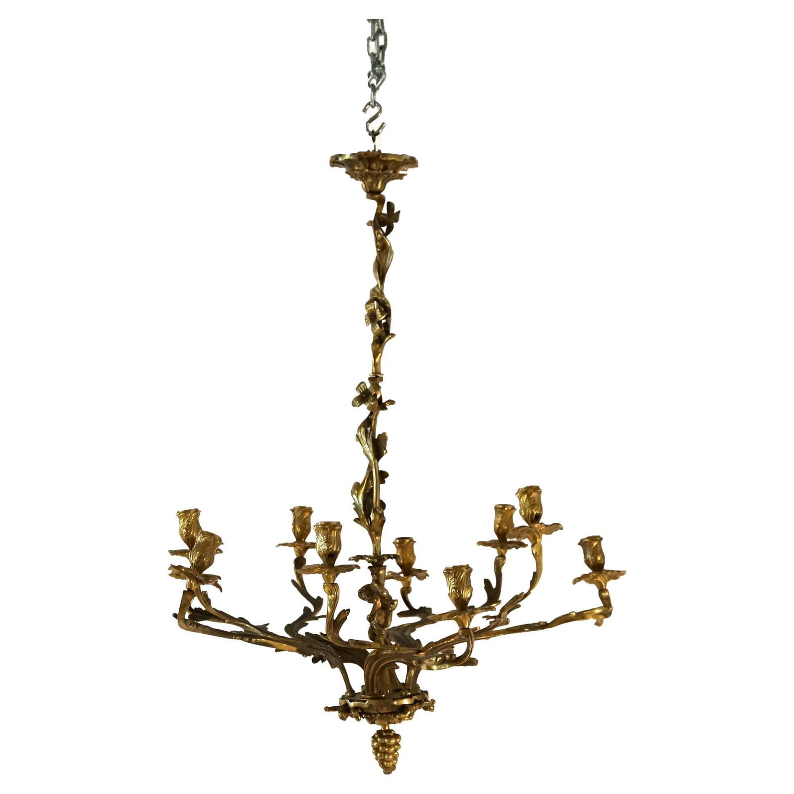 Antique Louis XIV Gilt Bronze Cherub Chandelier c1880 34.5in: Antique Louis XIV Gilt Bronze Cherub Chandelier c1880 34.5in This exquisite antique French Louis XIV style chandelier, crafted around 1880, showcases a stunning gilt bronze construction. The chandelie