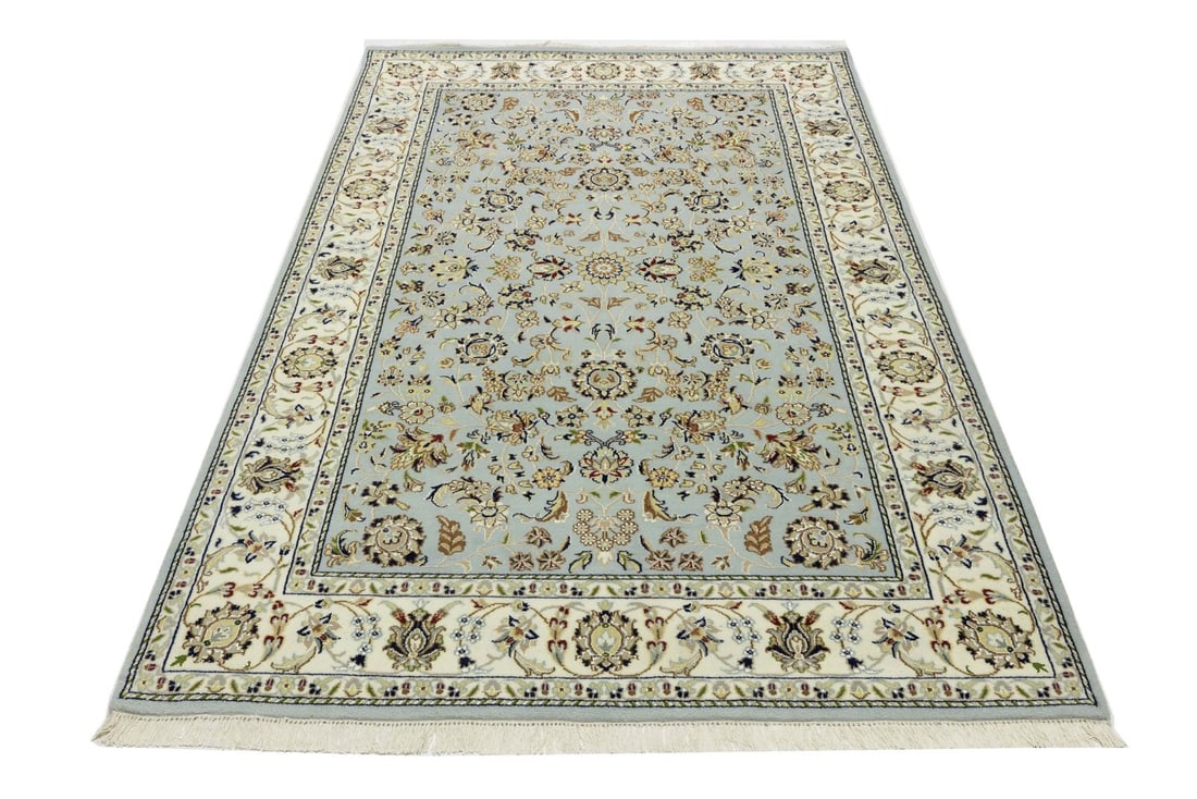 Handmade Floral Design Indo-Nain Area Rug 5'1 x 8'2 Wool Silk: Handmade Floral Design Indo-Nain Area Rug 5'1 x 8'2 Wool Silk Enhance your space with this stunning handmade Indo-Nain Oriental rug featuring an allover floral design. Crafted from a blend of wool and