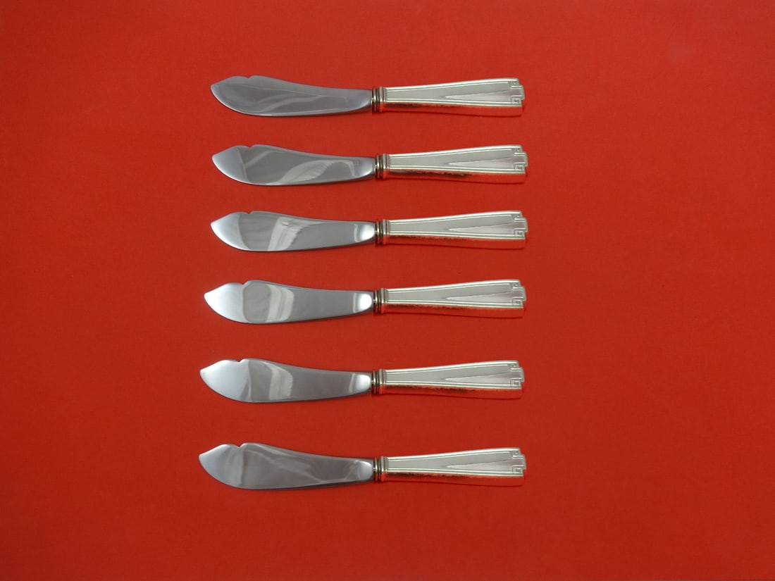 Gorham Etruscan Sterling Silver Custom Trout Knife Set 6pc: Gorham Etruscan Sterling Silver Custom Trout Knife Set 6pc This exquisite Etruscan by Gorham Sterling Silver Trout Knife Set features six beautifully crafted trout knives, each measuring 7 1/2 inches.