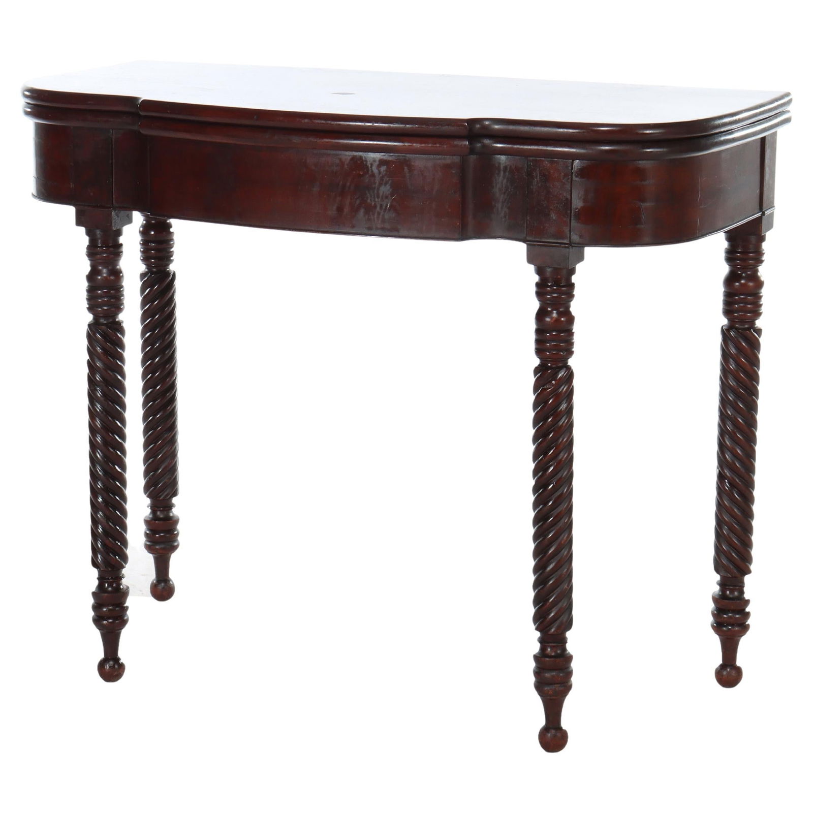 Circa 1830 Antique Sheraton Mahogany Game Table with Rope Carved Legs: Circa 1830 Antique Sheraton Mahogany Game Table with Rope Carved Legs This exquisite Antique Sheraton game table, crafted around 1830, showcases elegant rope carved legs and is made from rich mahogany