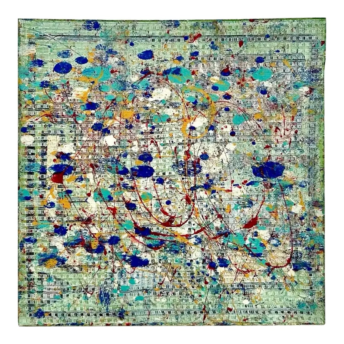 Abstract Boho Giclee Canvas Artwork Signed Celadon 24 x 24 Inch: Abstract Boho Giclee Canvas Artwork Signed Celadon 24 x 24 Inch This vintage Boho abstract giclee on canvas features a vibrant composition rendered in clear celadon hues. The artwork is signed on the