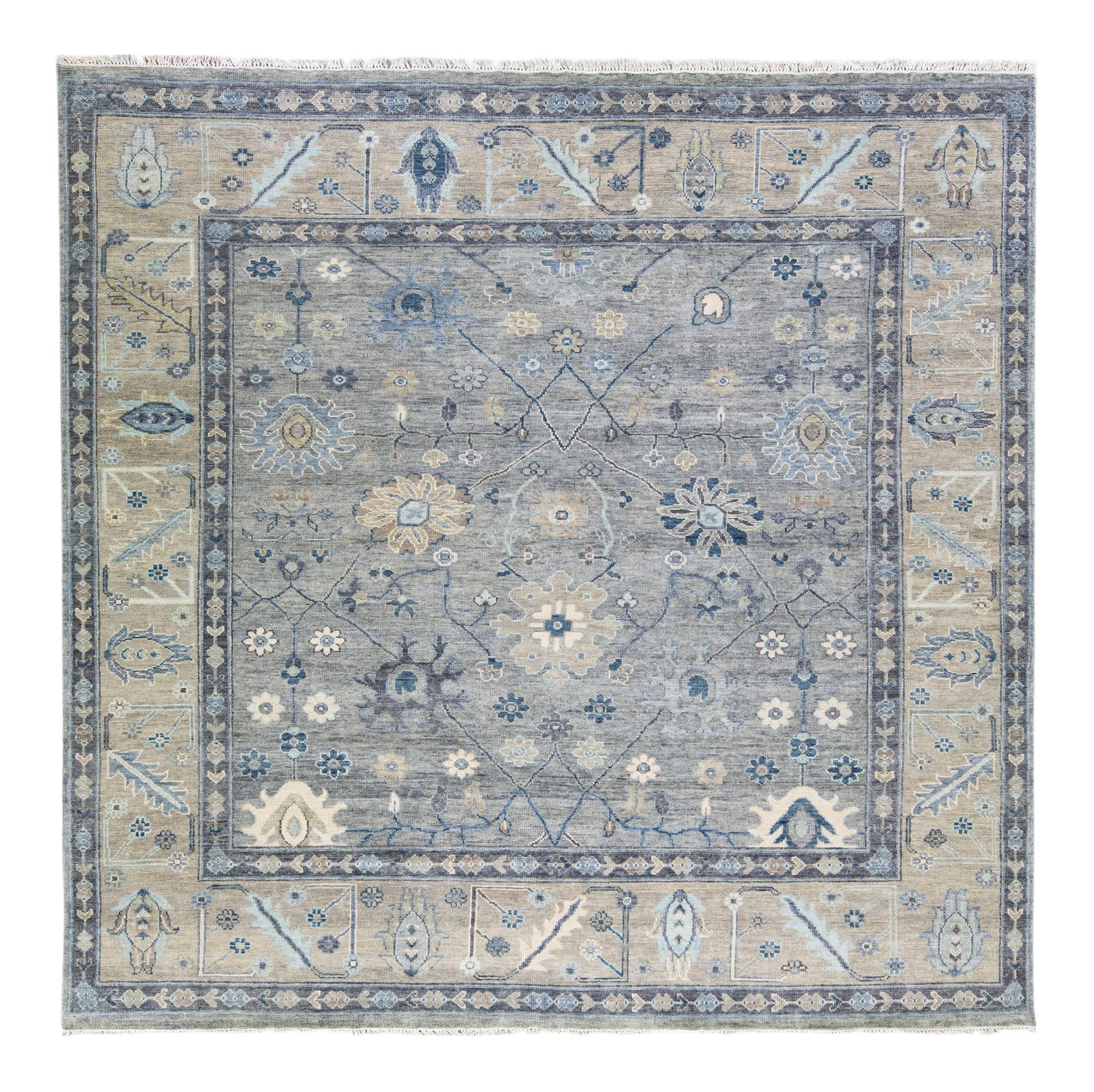 Stunning Gray Oushak Handmade Floral Wool Rug 11' x 11': Stunning Gray Oushak Handmade Floral Wool Rug 11' x 11' Enhance your living space with this stunning Modern Gray Oushak Style Handmade Floral Motif Square Wool Rug. Featuring a captivating gray field