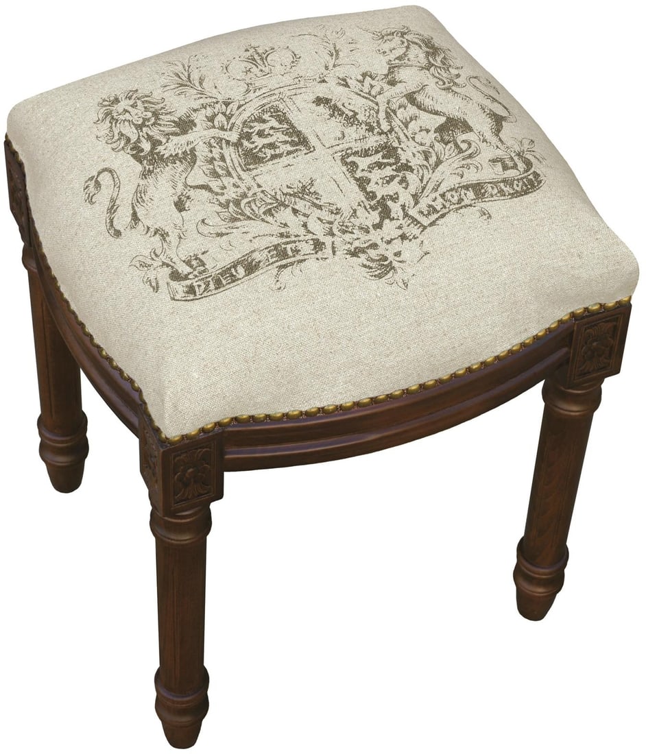 Sophisticated Vanity Stool with Brass Nailheads and Linen Upholstery: Sophisticated Vanity Stool with Brass Nailheads and Linen Upholstery This elegant vanity stool combines style and functionality, perfect for adding a touch of sophistication to your dressing area. It
