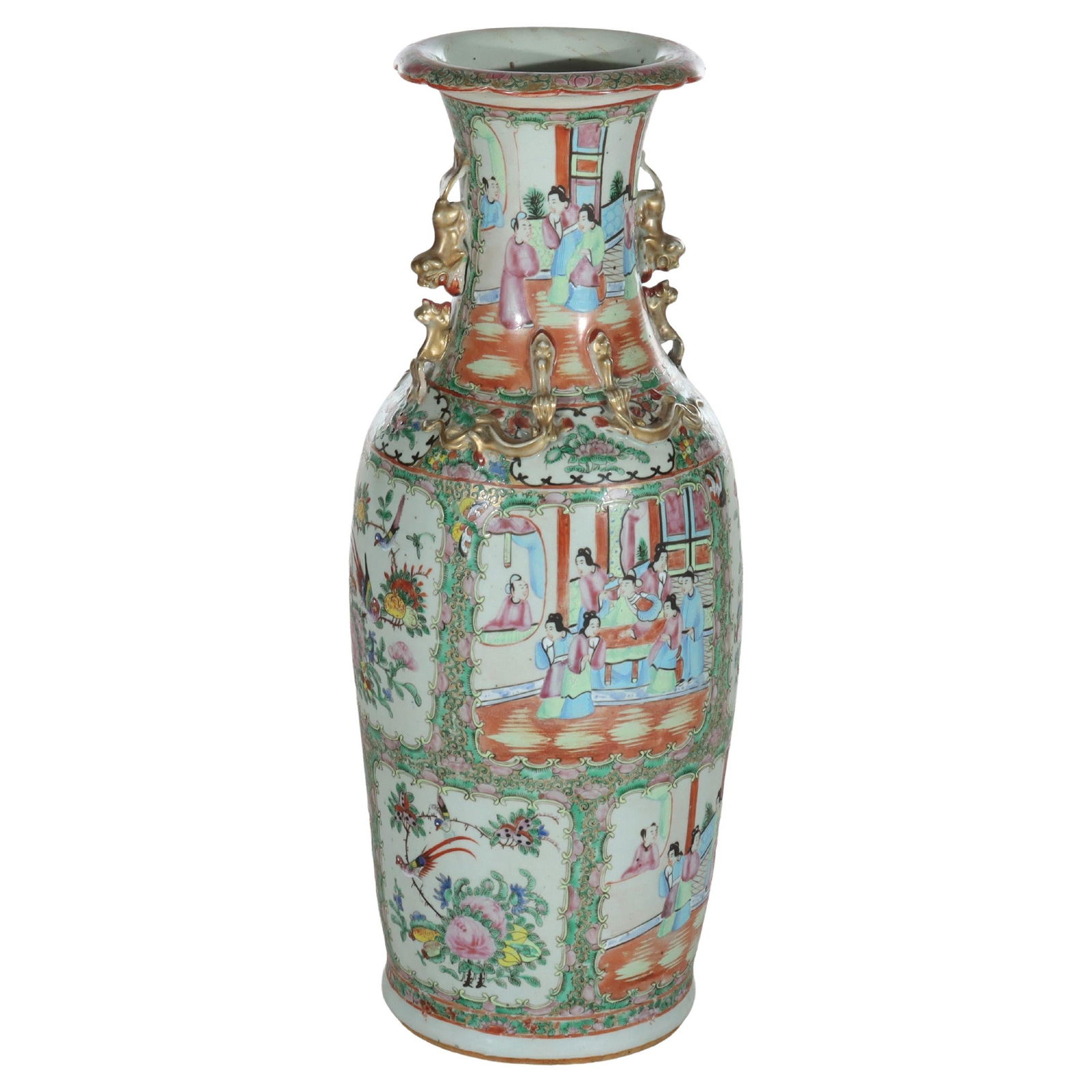 24 Inch Chinese Rose Medallion Porcelain Vase with Gilt Handles Circa 1920: 24 Inch Chinese Rose Medallion Porcelain Vase with Gilt Handles Circa 1920 This large antique Chinese Rose Medallion floor vase, crafted circa 1920, features vibrant porcelain panels depicting garden