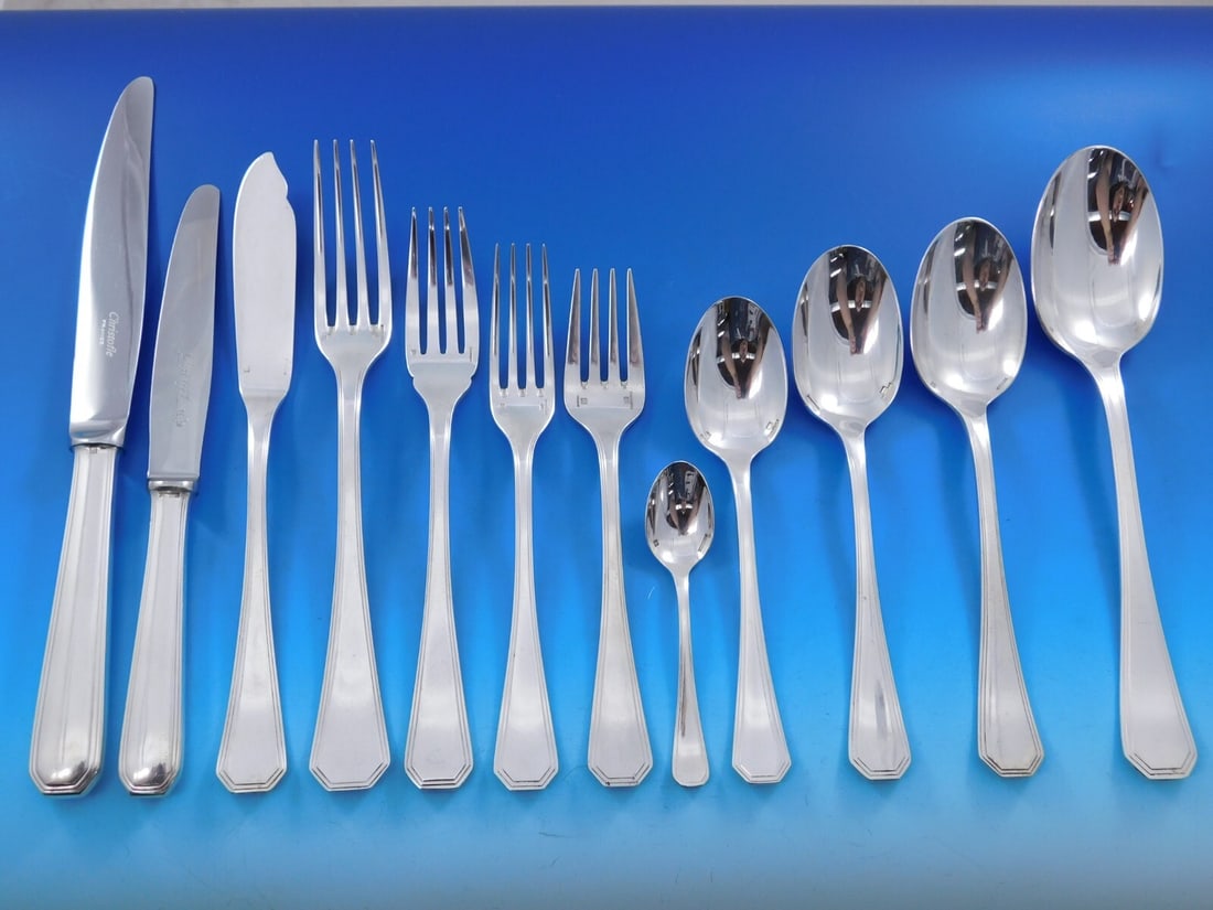 Christofle America Art Deco Silverplate Flatware Set for 8 102 Pieces: Christofle America Art Deco Silverplate Flatware Set for 8 102 Pieces Experience the elegance of dining with the America by Christofle Silverplate Flatware Service for 8. This exquisite 102-piece set