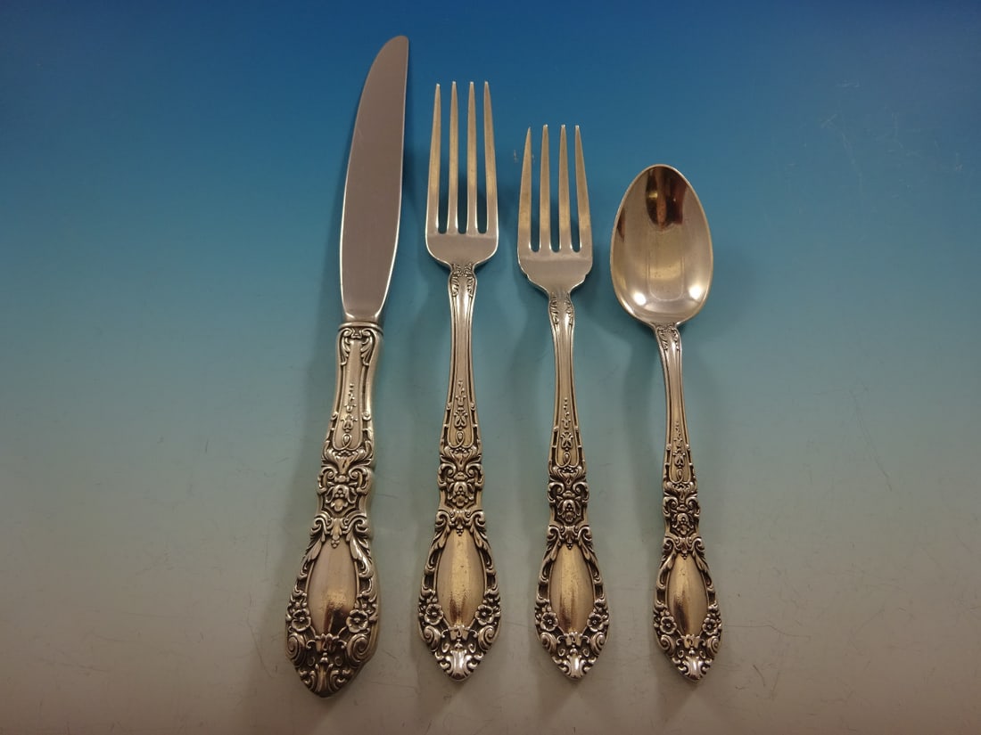 Alvin Prince Eugene Sterling Silver Flatware Set for 12 54 Pieces with Storage Chest: Alvin Prince Eugene Sterling Silver Flatware Set for 12 54 Pieces with Storage Chest Enhance your dining experience with the exquisite Prince Eugene Sterling Silver Flatware Set by Alvin, designed to