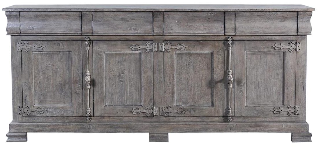 Philippe French Style Weathered Gray Solid Wood Sideboard: Philippe French Style Weathered Gray Solid Wood Sideboard This elegant French style sideboard showcases a weathered gray finish, adding a touch of vintage charm to any space. Crafted from solid wood,