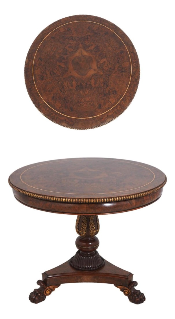 Neoclassical Round Center Table with Paw Feet and Burl Walnut Top (1 of 10)