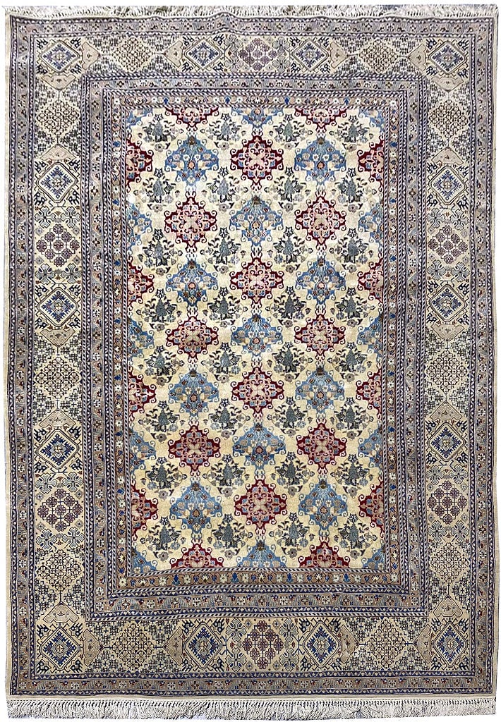5.2 x 8.7 Persian Nain Rug Wool Silk Geometric Design: 5.2 x 8.7 Persian Nain Rug Wool Silk Geometric Design Free continental US Shipping Enhance your space with this exquisite 5.2 x 8.7 Fine Persian Nain Rug, meticulously crafted from a luxurious blend o