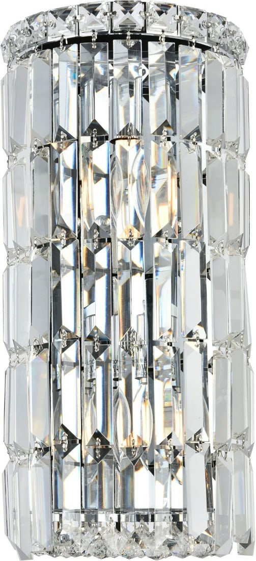 Maxime 2-Light Chrome Wall Sconce with Royal Cut Crystals 16 Inch Height: Maxime 2-Light Chrome Wall Sconce with Royal Cut Crystals 16 Inch Height This modern wall sconce features a polished chrome finish with royal cut clear crystal accents, creating a striking and elegant