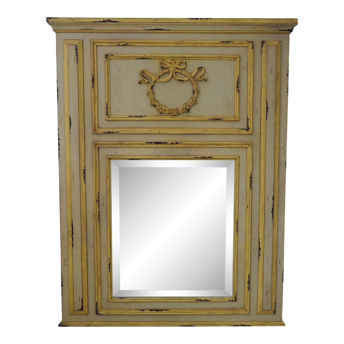Antique French Louis XVI Style Mirror with Beveled Glass: Antique French Louis XVI Style Mirror with Beveled Glass This stunning French Louis XVI style mirror features a charming yellow distressed painted finish, perfectly accentuating its factory distressed