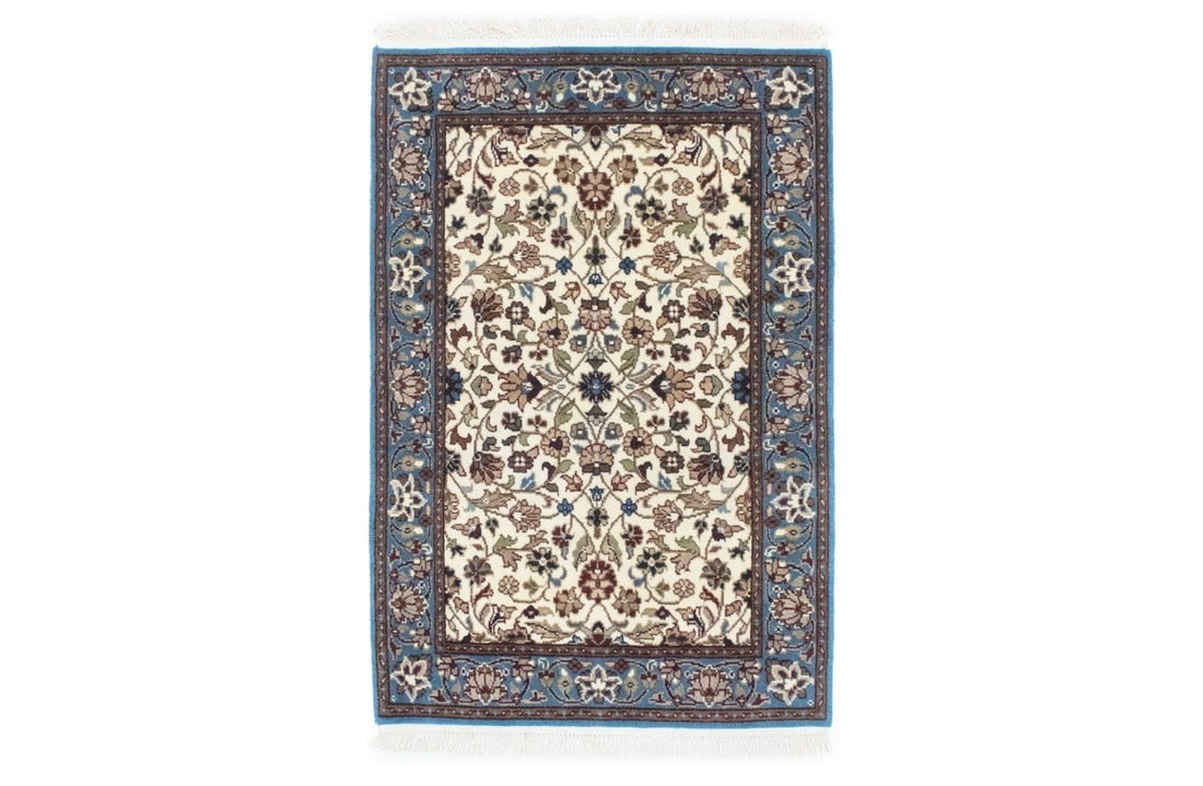 Hand-Knotted Wool Kirman Rug 2'7 x 3'10 Floral Pattern from India: Hand-Knotted Wool Kirman Rug 2'7 x 3'10 Floral Pattern from India This handmade Kirman rug features a floral design and is crafted from wool. The hand-knotted area rug displays a combination of cream,