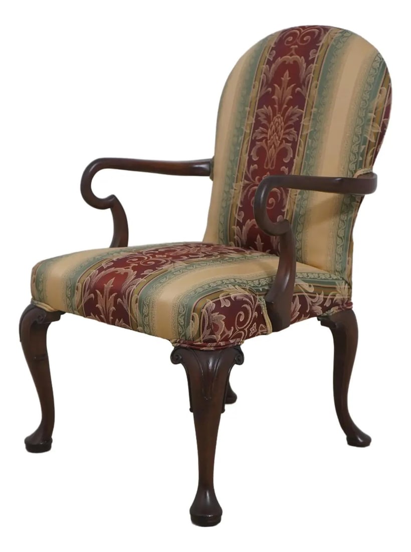Chippendale Style Mahogany Armchair with Carved Details and Damask Upholstery: Chippendale Style Mahogany Armchair with Carved Details and Damask Upholstery This Kittinger Williamsburg open armchair features a Chippendale style design with finely carved details and high-quality